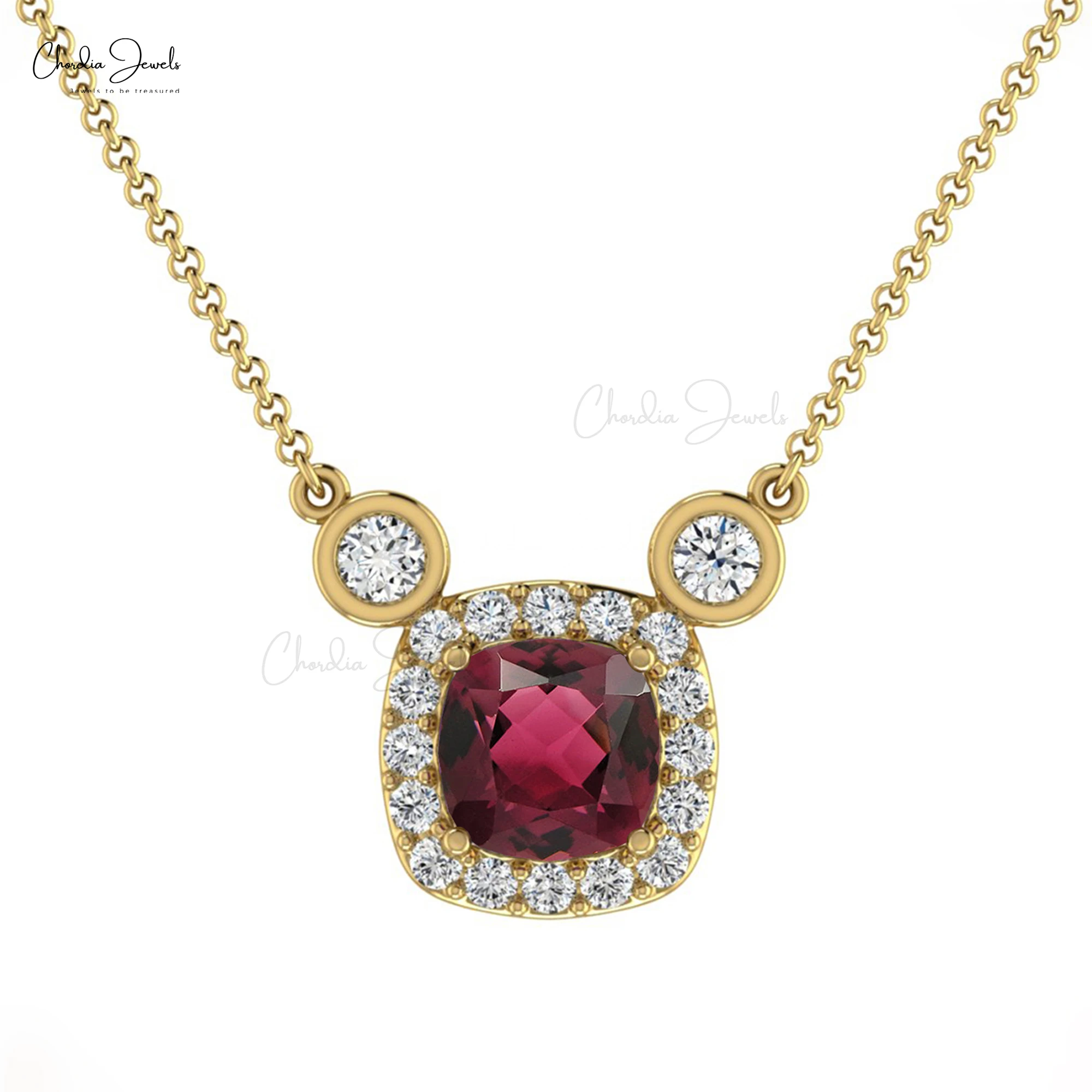 High Selling Natural Pink Tourmaline & Diamond Halo Pendant Factory Wholesale Price 14k Pure Gold Fine Jewelry Necklace Supplier