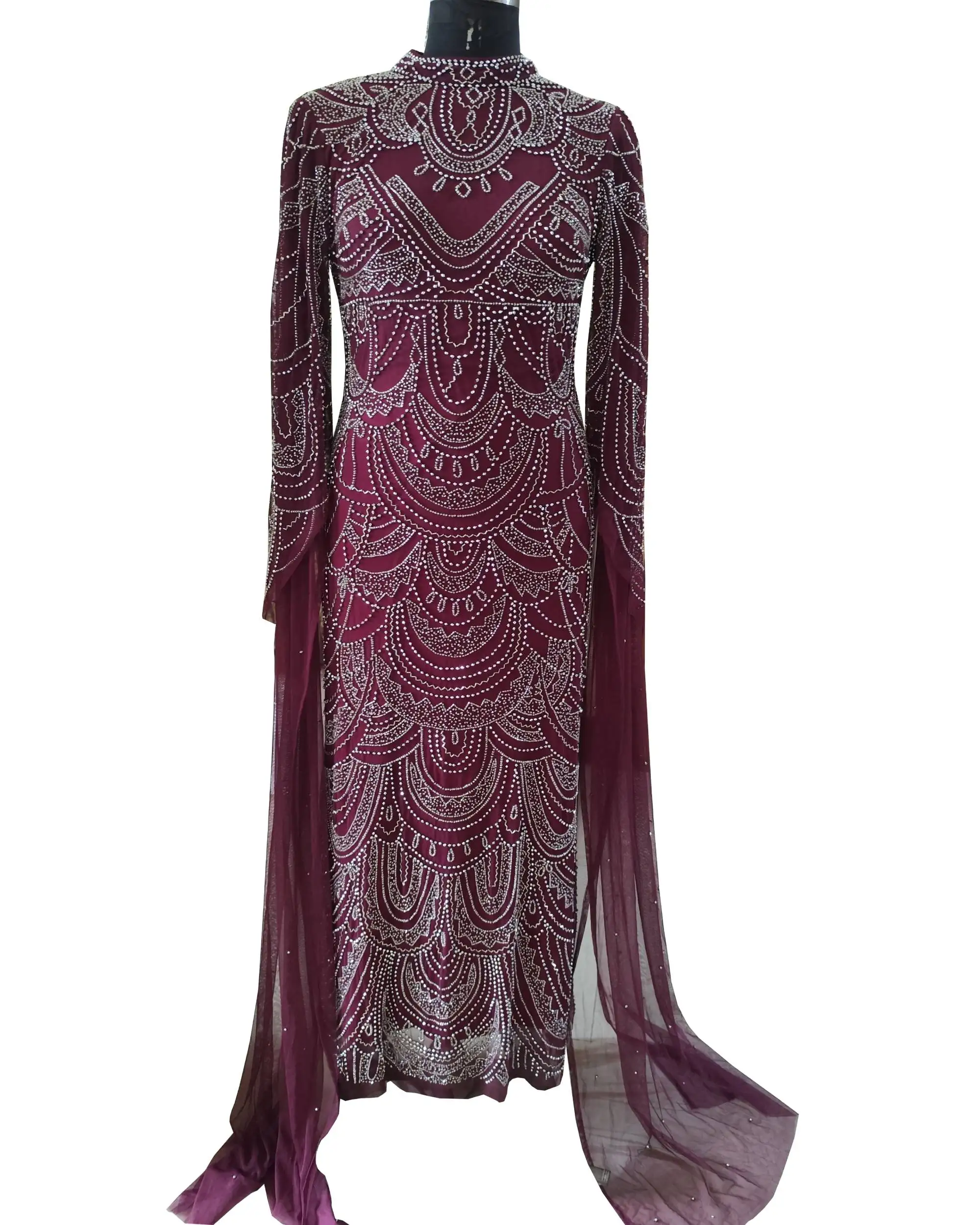 Designer Classy Beaded Evening Dress for Women Handmade Long Exclusive Double Sleeves Ball Party Collar Neck Anti-Static Feature