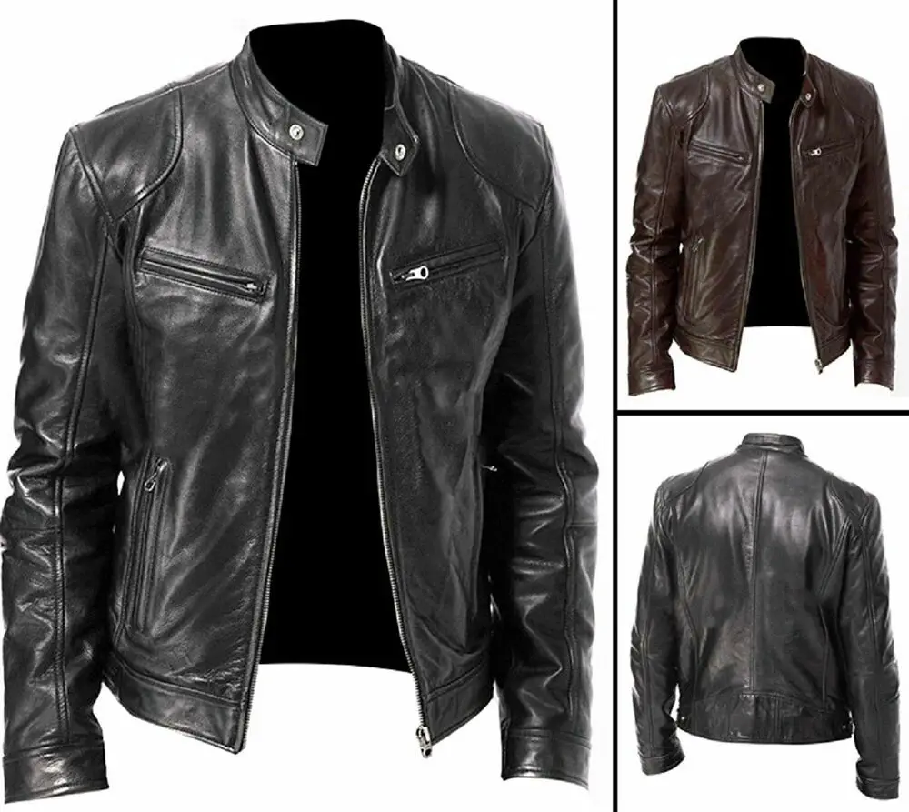 Casual Wear Leather Jackets Black Leather Motorcycle Jacket Vintage Style Single Double Breasted Bomber Jackets