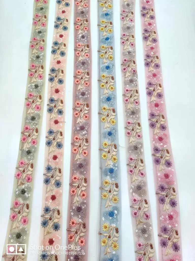 custom made machine embroidered ribbons & laces in cut work design with 100% sequins work in 7 colours for wedding dresses