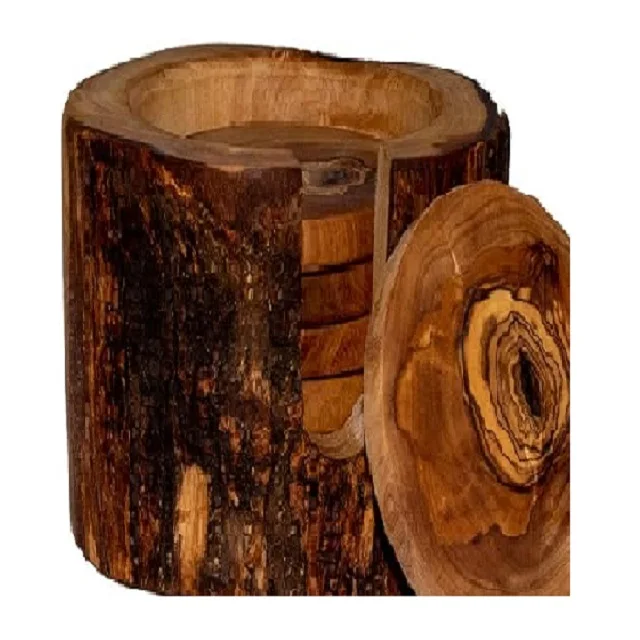 Wholesale Rustic  coasters for glasses beer mats round made of olive wood includes storage  box for glasses  cups cups and vases