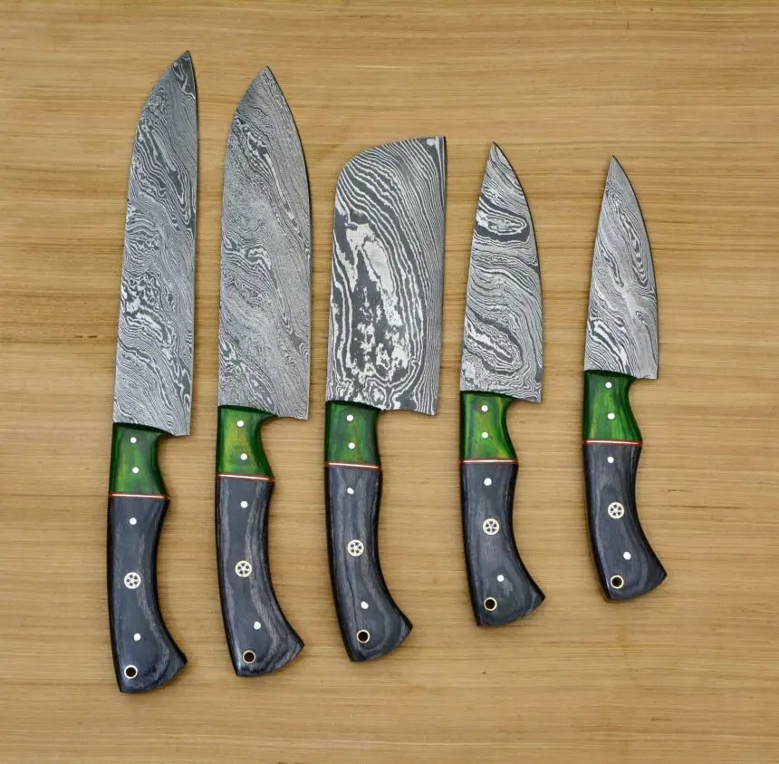 Custom Handmade Damascus Chef set Of 5pcs With Leather Cover Kitchen Knife Damascus Knife Set Kitchen knives set