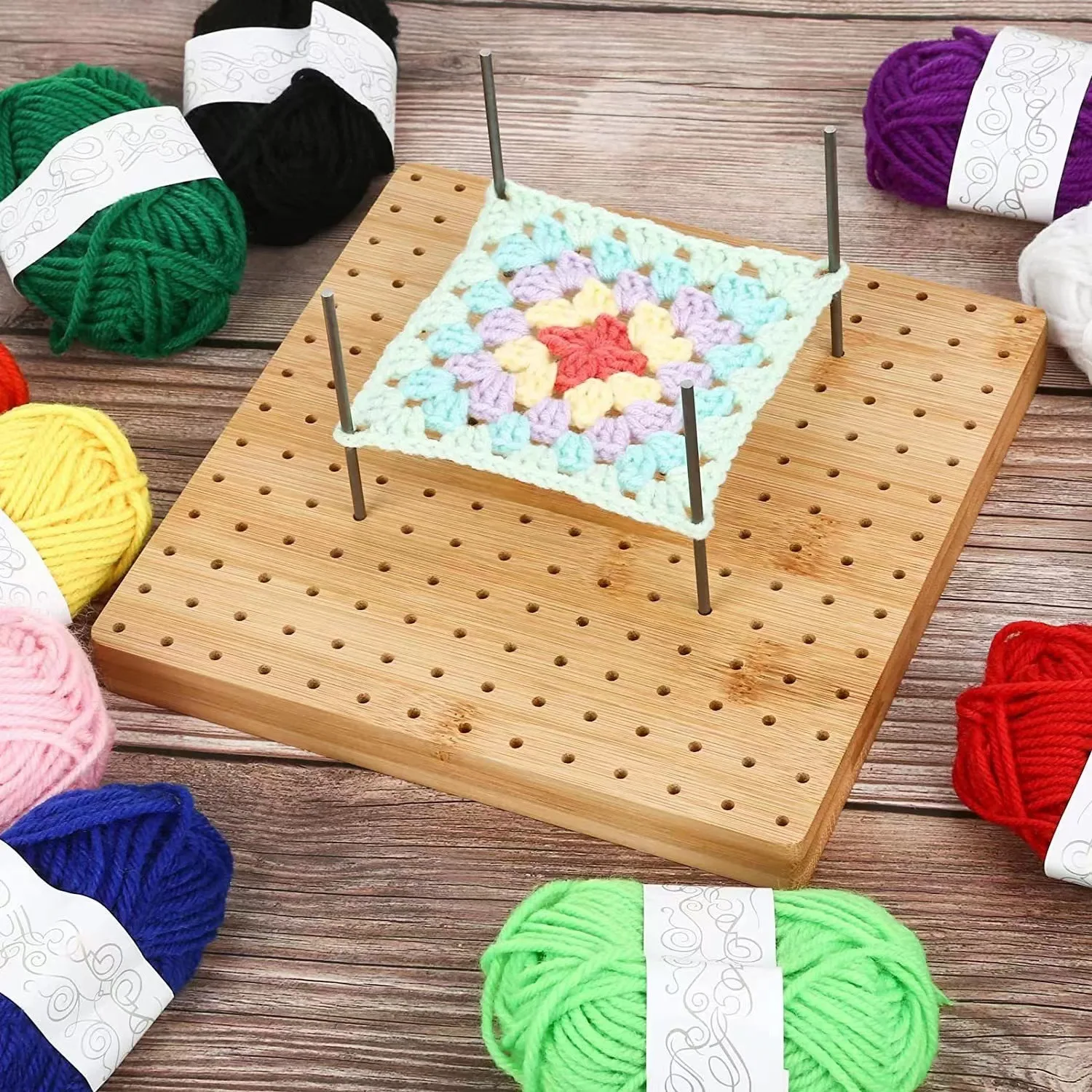 Bamboo Wood Weaving Board with Folk Art Style Handmade Crochet for Weaving Stainless Steel Needle Square Wooden Weaving Hook