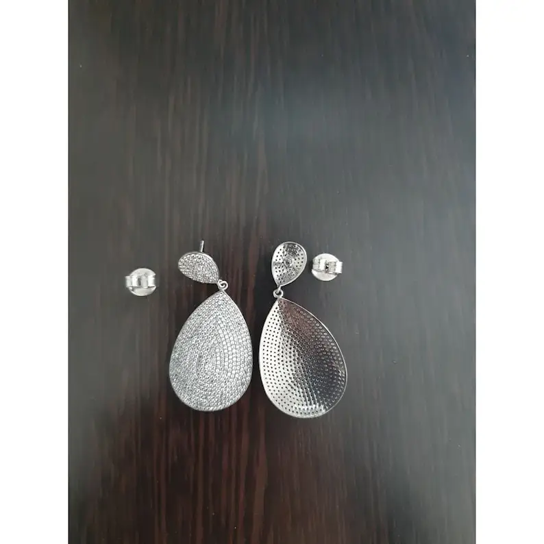 925 Sterling Silver Dangle Earring White Topaz Gemstone Vintage Jewelry Pave Setting Black Oxidized