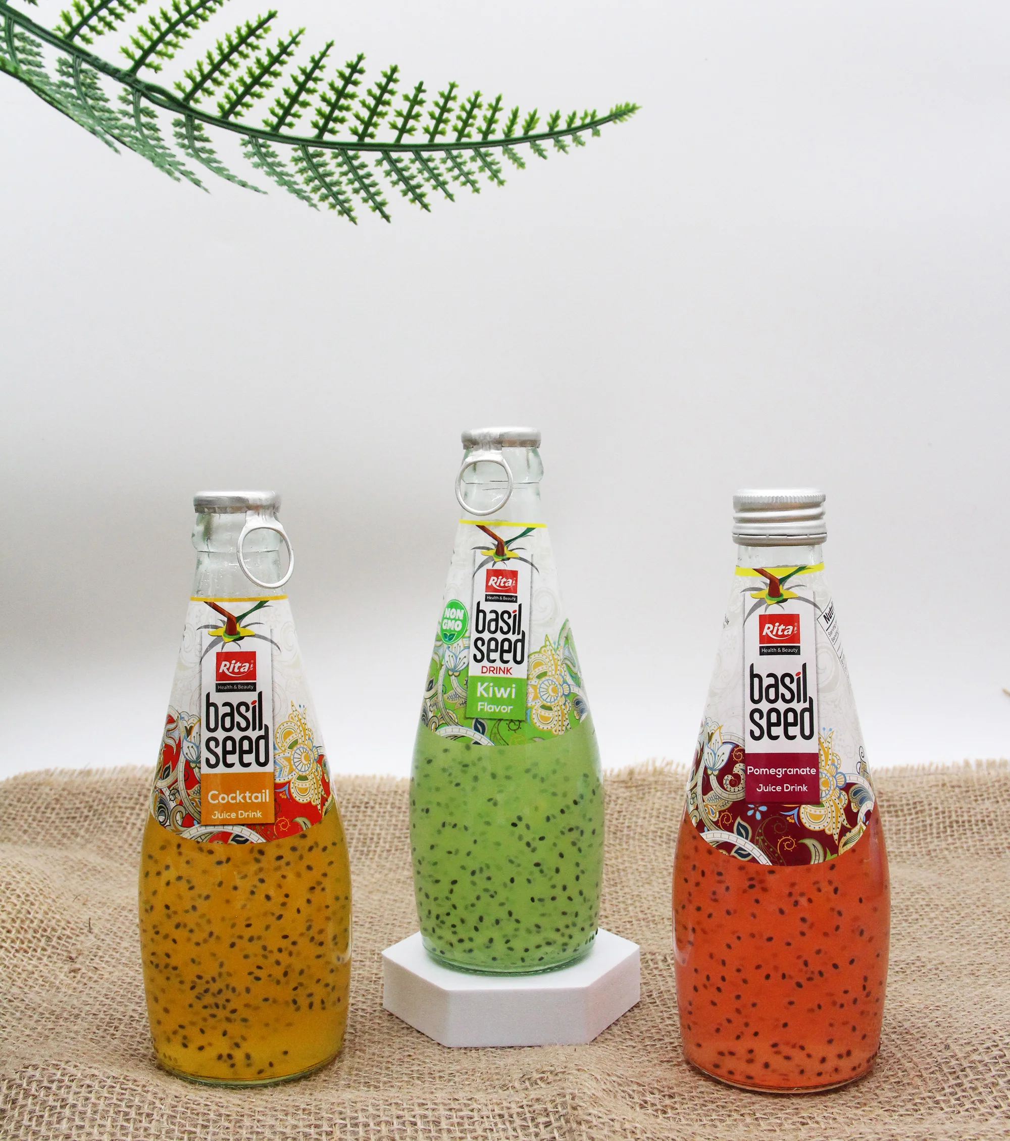 RITA Supplier Best Quality 290ml Glass Bottle Strawberry Basil seed Drink Hot Selling Free Sample, Wholesale Suppliers OEM/ODM