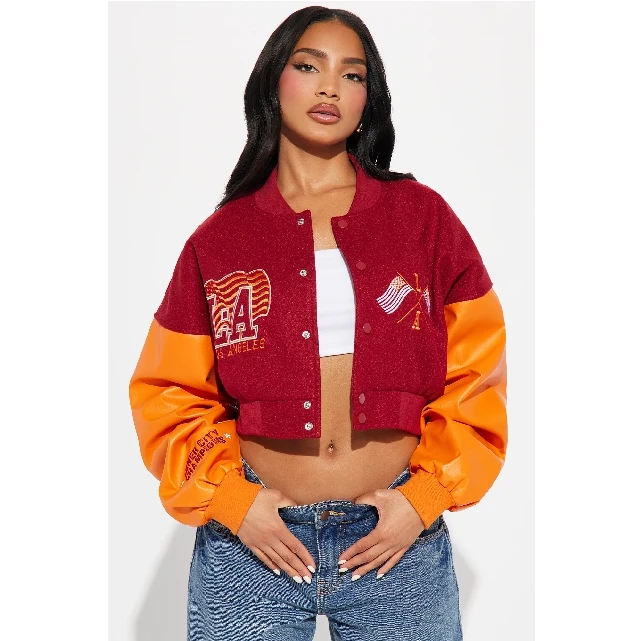 Custom Women Cropped Black Varsity Jacket OEM Leather Sleeves College Chenille Embroidery Patches Baseball Bomber Jacket