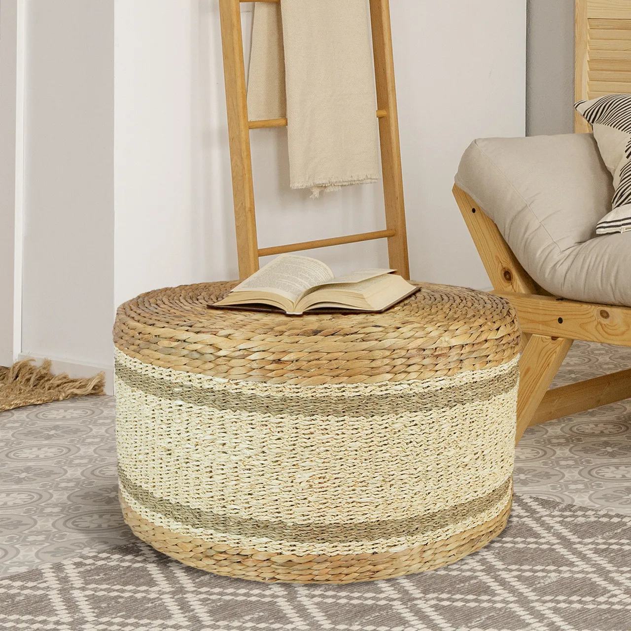 Handbraided natural ottomans water hyacinth floor cushion seat chair square ottoman living room poufs