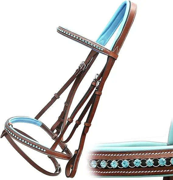 Bridle on Snaffle Noseband with Baby Blue Soft Padded Leather Jumping Flash Bridle Rubber Rein Bling Bridle