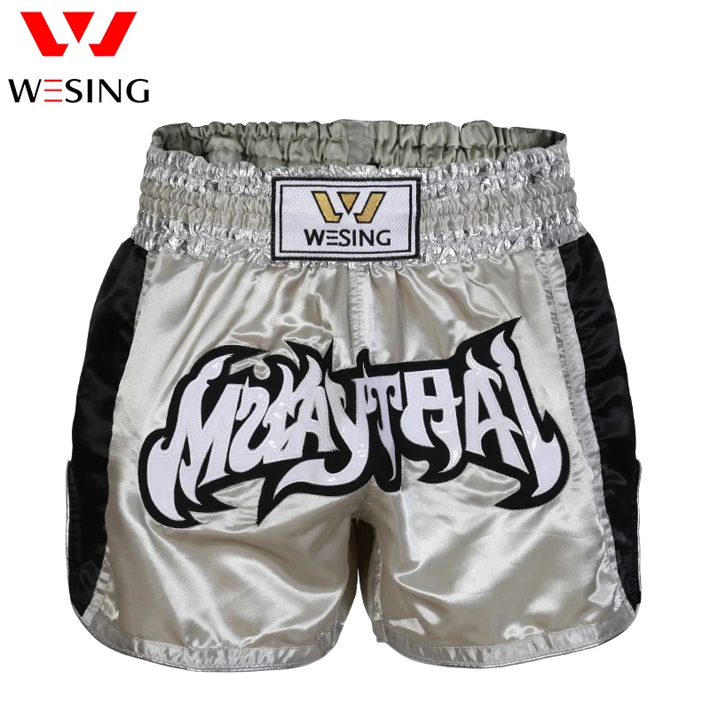 Wesing High Quality Embroidery Muay Thai Shorts Black Fabric Wholesale Muay Thai Boxing Shorts