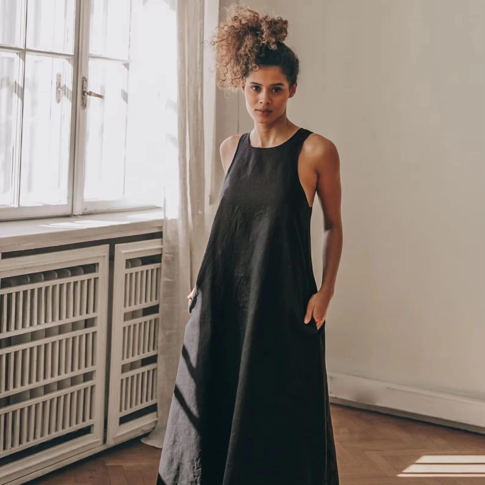 Black Linen Maxi Dress, Summer Boho Linen Dress for Women, Linen Kaftan Dress, Linen Sundress, Long Dress, Plus Size Clothing