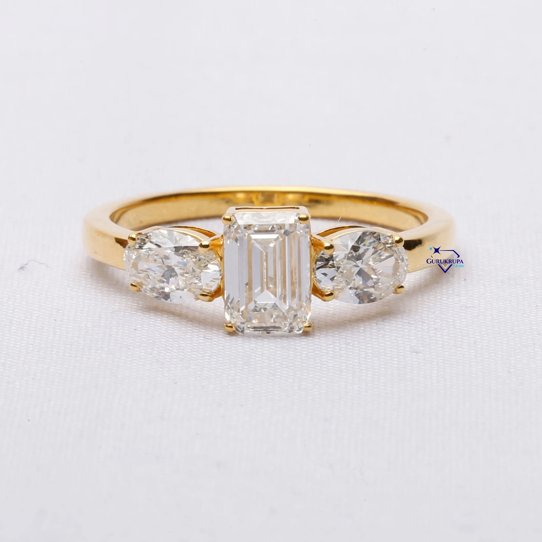 Sparkling emerald and oval cut moissanite diamond studded 14 kt yellow gold customize size solitaire engagement ring for women