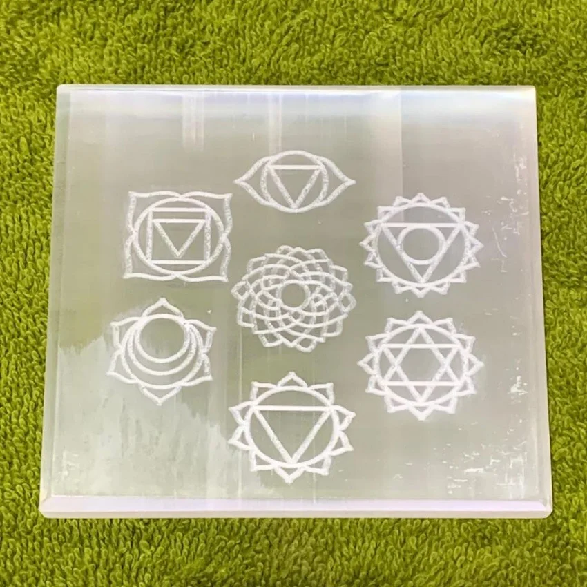Natural Crystal selenite charging plate with moon symbol:moon symbol engraved plate:selenite:selenite slabs moon:crystal healing