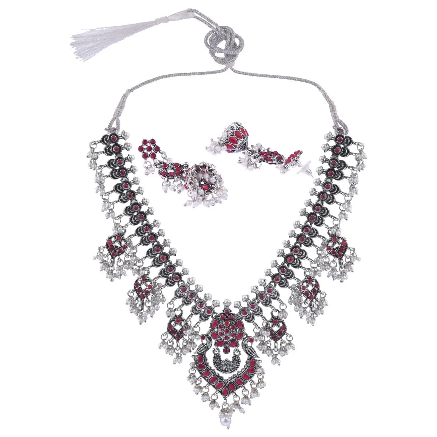 Indian Wholesaler Oxidized Antique Bohemian Faux Pearl Crystal Stone Necklace Jhumka Jhumki Earrings Jewelry for Women