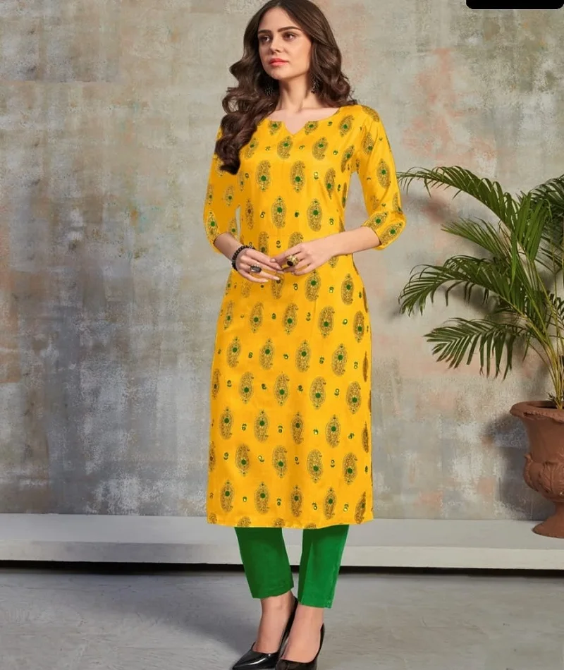 Indian Heavy Designer Style Heavy Rayon Foil Print Kurtis with Plus Size Available for Party Wear and Daily Casual Wear Kurtis