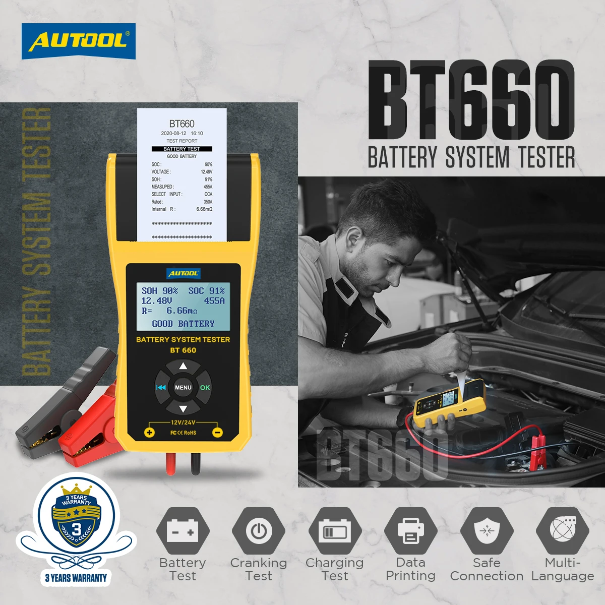 Factory Multi-language AUTOOL BT660 car Battery Tester Built-in Printer BT-660 Battery Tester Auto Car Battery Tester