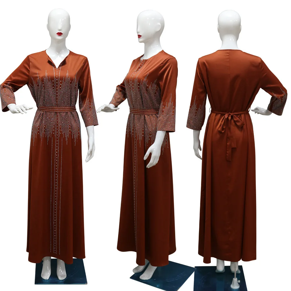2442 Kuwii Middle Eastern Muslim Satindress Hot Diamond Dinner Robe Gulf Abaya Luxury Dubai Abaya 2024