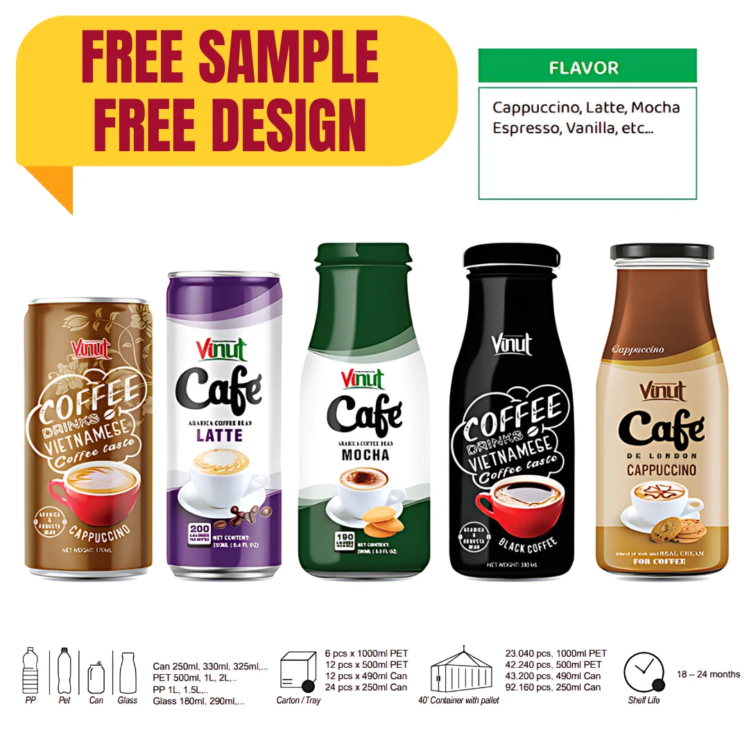 Wholesale Best Price Coffee Drink 250ml Arabica & Robusta Vietnam VINUT | Mocha Latte Cappuccino Iced, Free Sample, Free Design