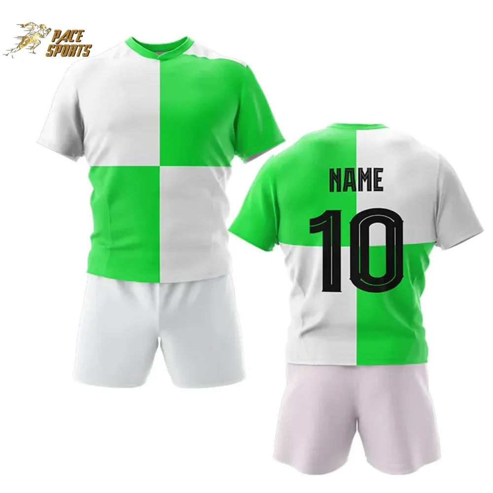 High Quality Custom Rugby Shirt with Shorts Green White Sublimated Sports Uniform Set Hot Sale Thick Latest Design Jerseys