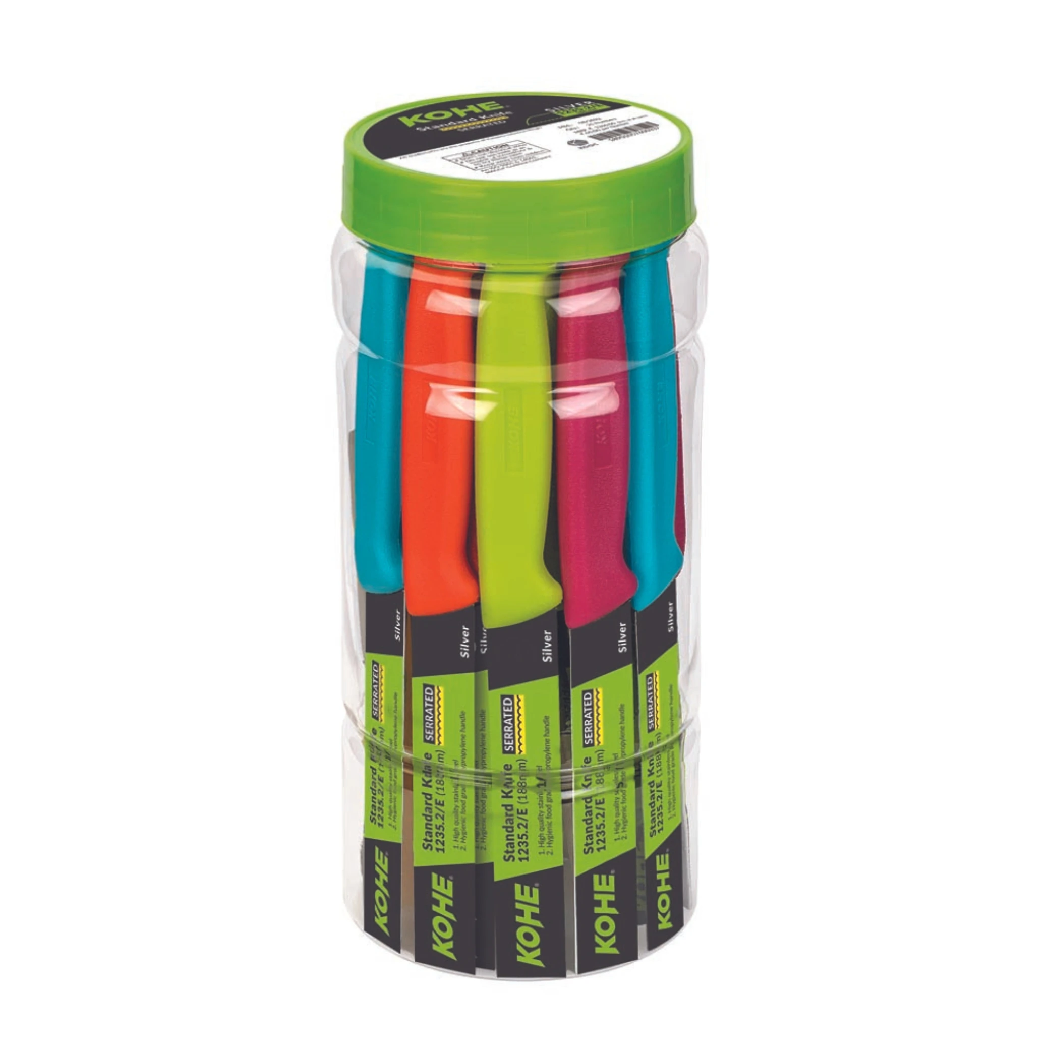 21-piece knife Jar, serrated stainless steel blades, multiple handle colors, designed for easy penetration without skin tearing