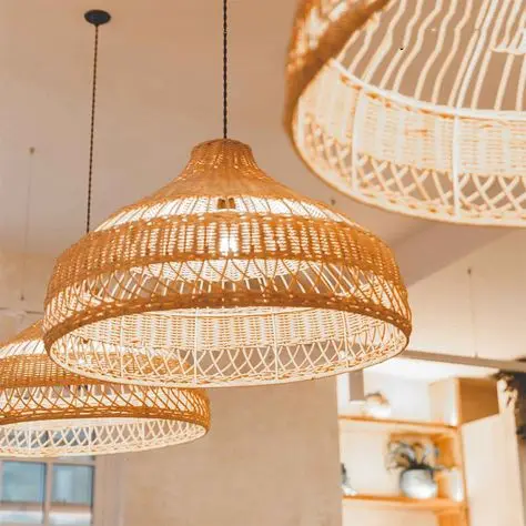 Handmade Modern Boho Rattan Bamboo Lampshade Eco-Friendly Option Antique Floor Lamps Ceiling Lights Japanese Chinese Linear