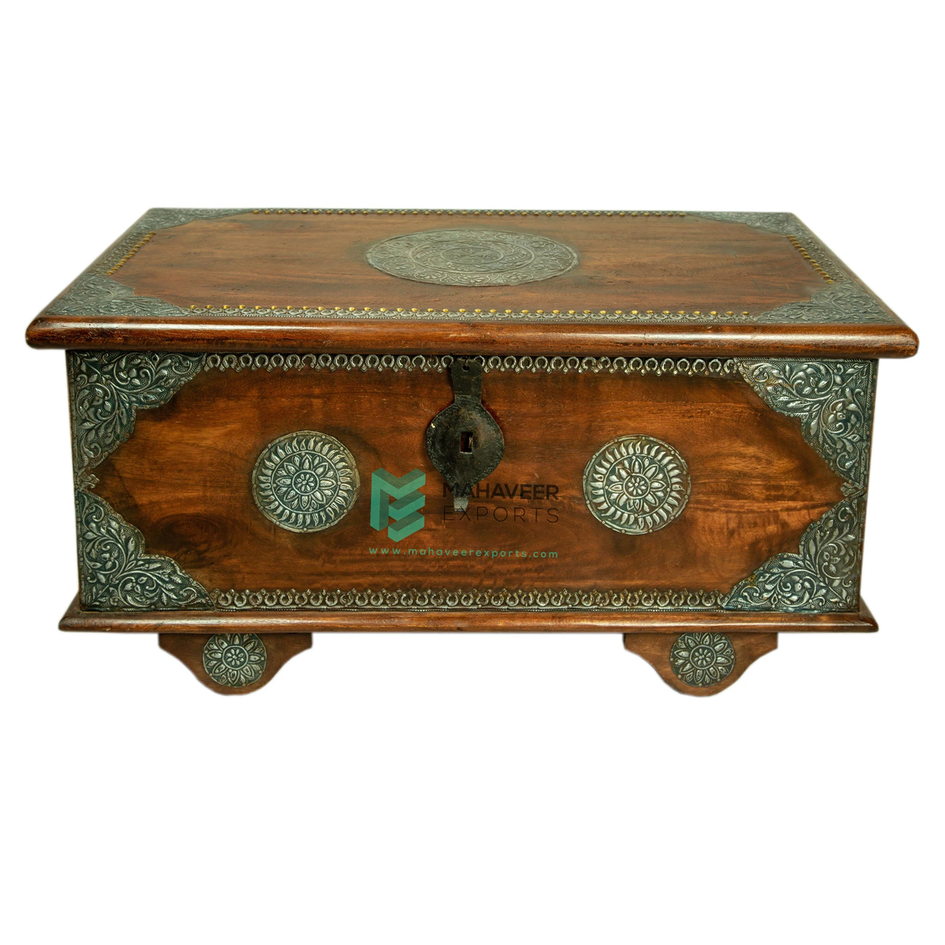 Wooden Iron Fitted Storage Chest Box Cum Coffee Table Box In Dark Brown Finish For Living Room / Bedroom Multi-Utility Furniture