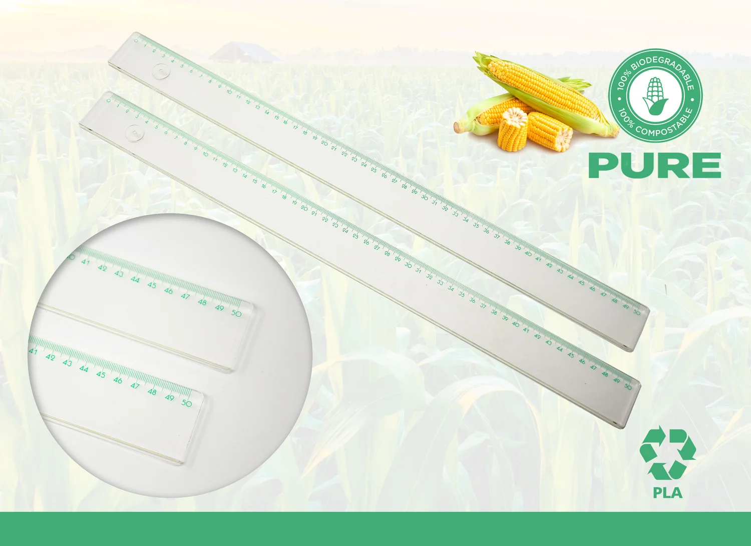 Sustainable retailer compostable PLA polylacticacid 100% biodegradable plastic ruler 50 cm for drawing