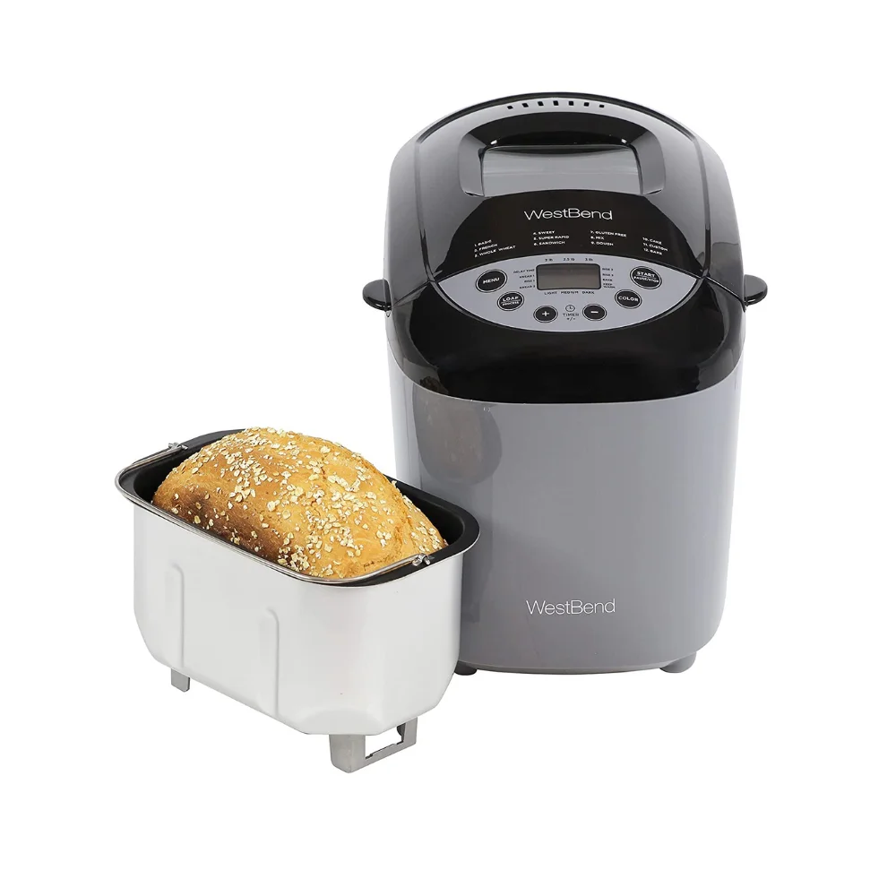 West Bend Hi-Rise Bread Maker Programmable Horizontal Dual Blade with 12 Programs Including Gluten Free, 3-Pound, Gray