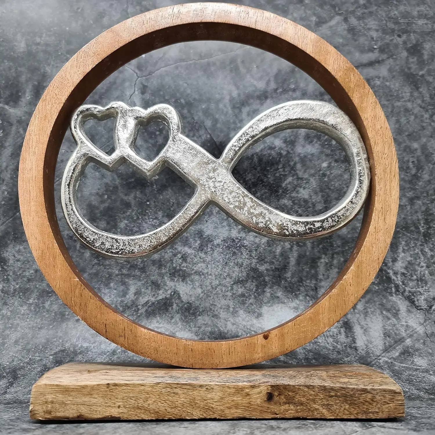 Luxury Design Lifestyle & More Modern Sculpture Infinity in a Circle Aluminum on Base Mango Wood Silver Brown With Low Price