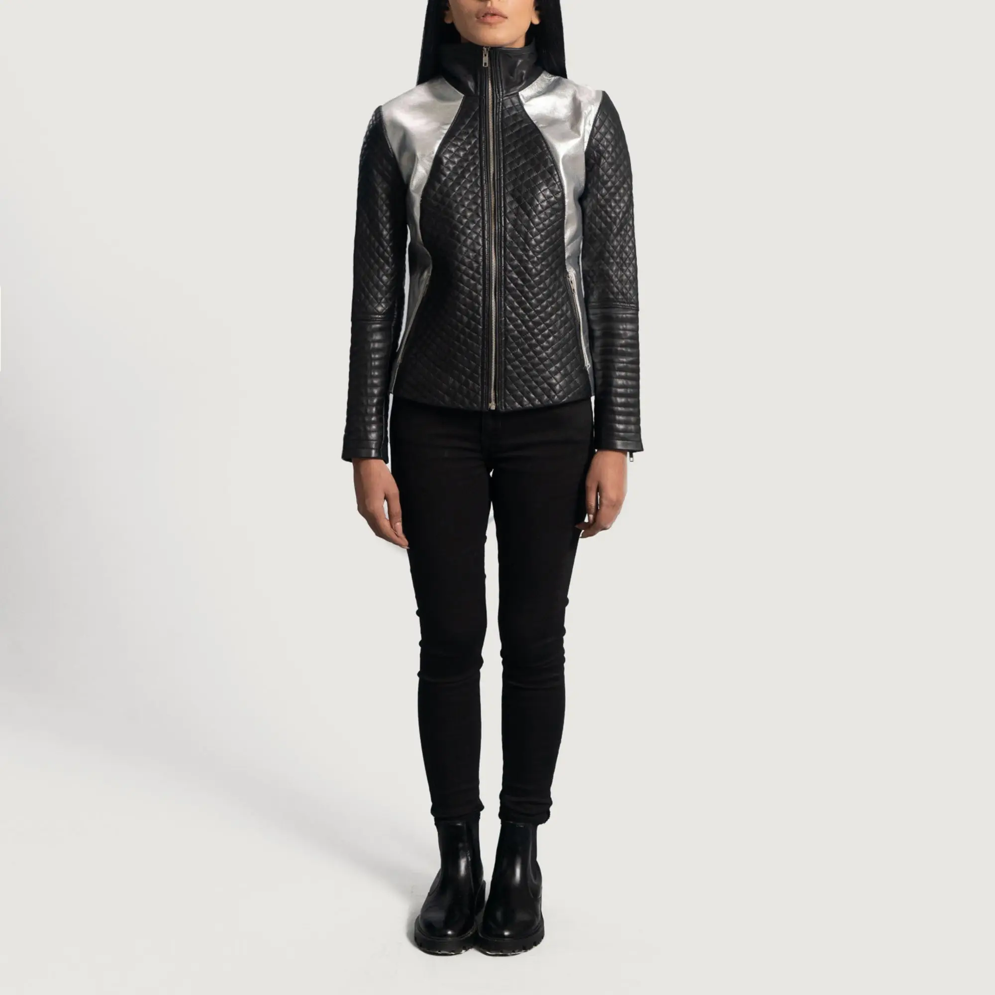 Real Leather Sheepskin Aniline Zipper Alia Metallic Black Women Biker Jacket with Quilted Viscose Lining and Inside Outside Pock
