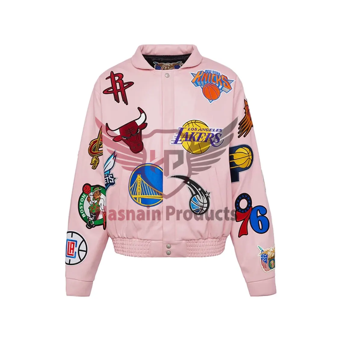 Pink Jacket Faux Leather Viscose Lining Erect Style Collar Buttoned Front Pink Customize Patches Racing Jackets Wholesale Price