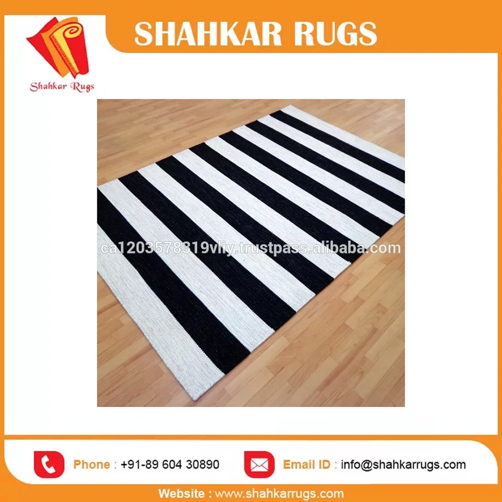 Carpet Rugs Handmade Dhurrie Indian Stripe Flat Weave Wool Black White Classic Rectangle Black & White / Customisable IN;34648