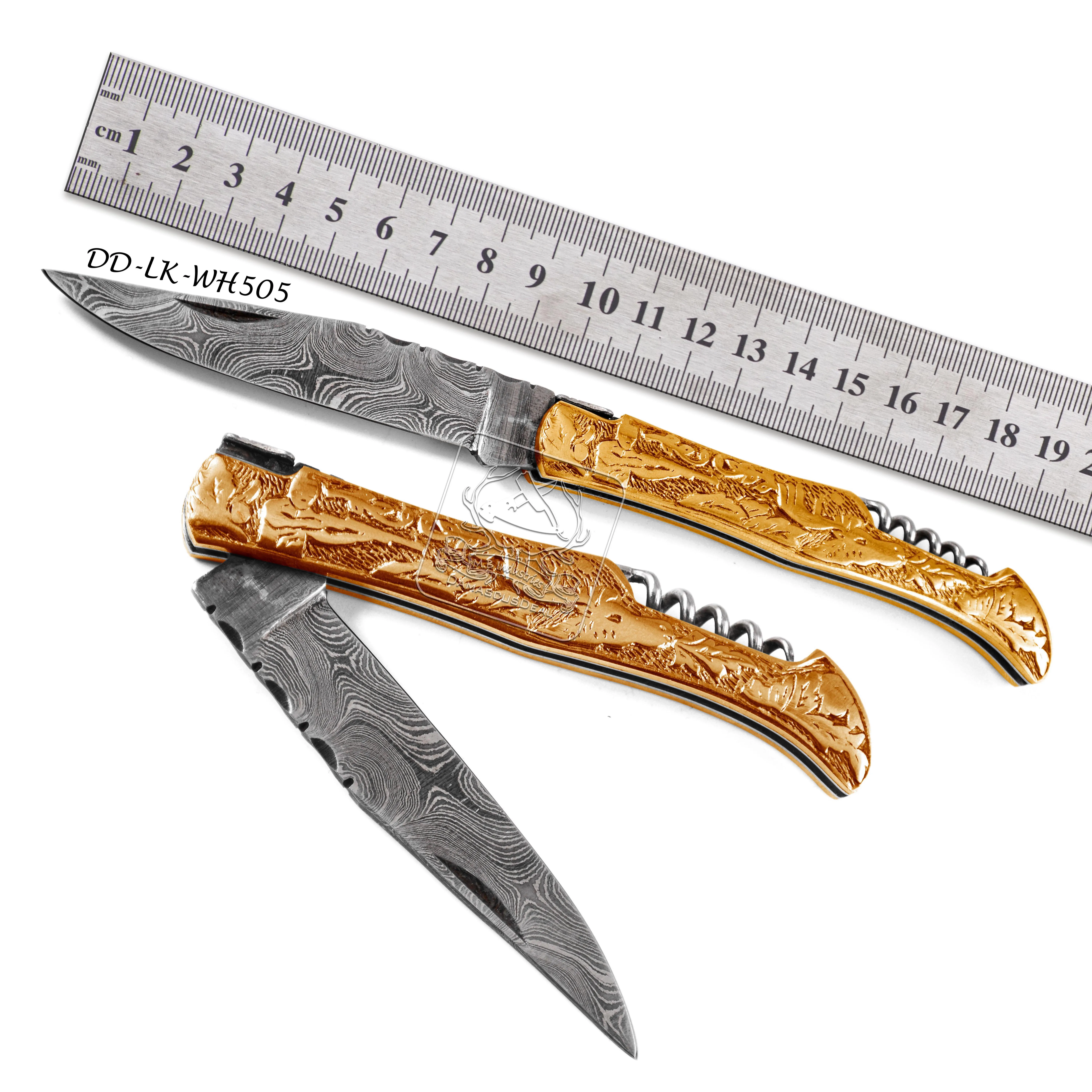 Wholesale Damascus Steel Laguiole Pocket Knife DD-LK-WH502 Engraved Stainless Steel, Brass and Copper Handle with Cow Leather