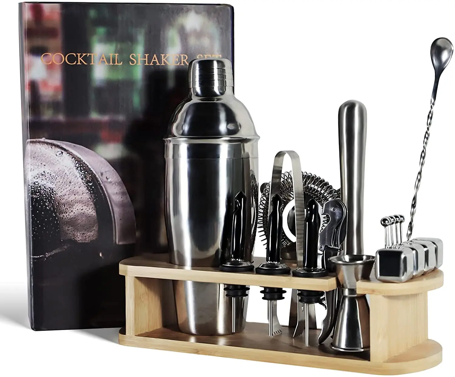 Wholesale Bar Set Wooden Stand Bag Travel Gift Stainless Steel Bartender Kit Bar Accessories