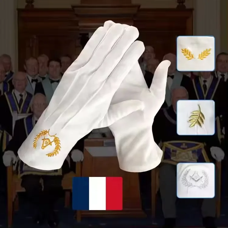 Provide Sample Stylish Breathable Reusable Lightweight Formal Church Embroidered Cotton Masonic White Hand Gloves