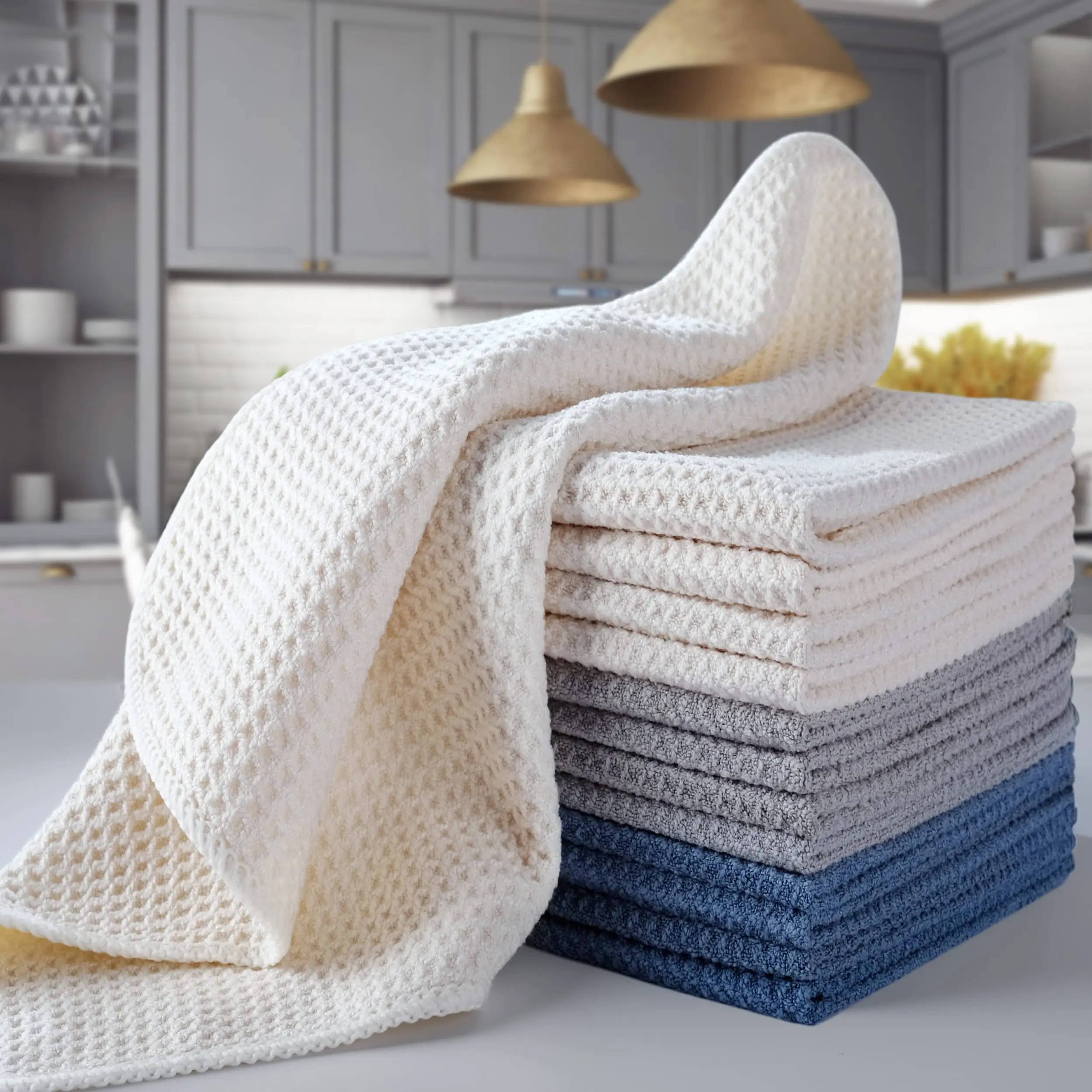 Polyte Premium Microfiber Kitchen Dish towels Hand Towel Waffle Weave 12 Pack (40 x 71 cm, Dark Blue, Gray, White)