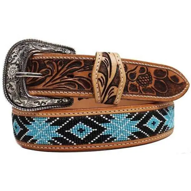 American Premium Leather Premium Cowboy Designer Beaded Belt Men Gift Western Fashion Bling Luxury Belt Hand Tooled Cowhide