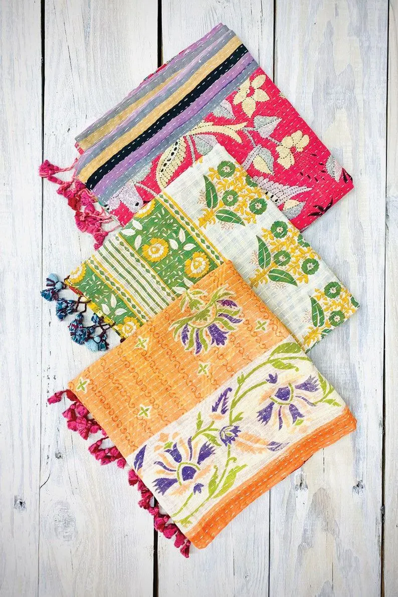 Vintage Kantha Scarf Bohemian Reversible Double Layer Cotton Kantha Scarves Stole Headwraps Shawl