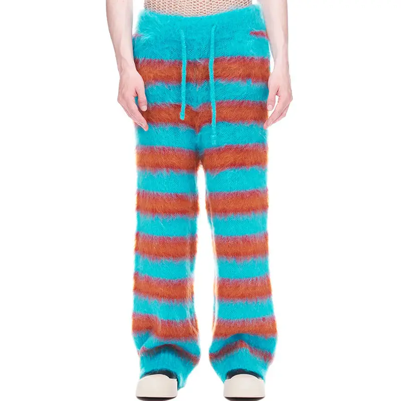 QYOURECLO Custom Logo Men Knitted Pants & Trousers Winter Knitwear Men Loose Knitted Pants Furry Drawstring Knit Mohair Pants