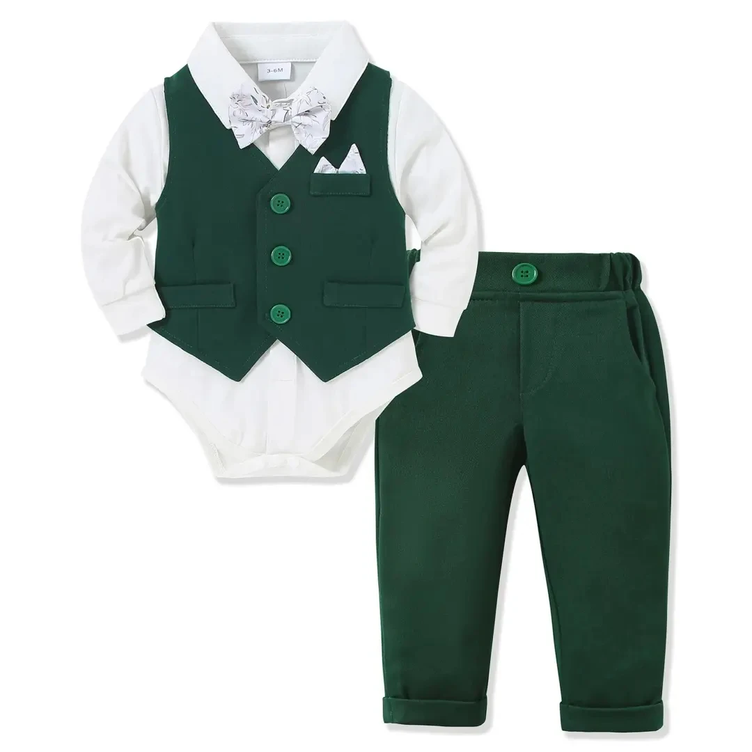 Baby Boy Clothes Suit Newborn Infant Gentleman Outfits Formal Dress Shirt+Bowtie+Suspender Shorts Wedding Party Set Green
