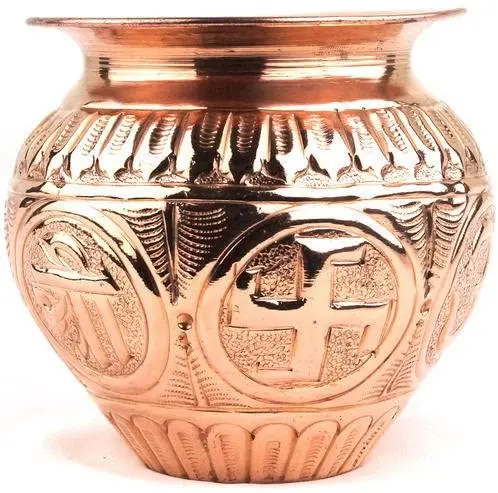 Pure Copper Indian Religious Kalash With Dai Embossed Design With Shiny Polish For Home Decoration For Use Home And Temple