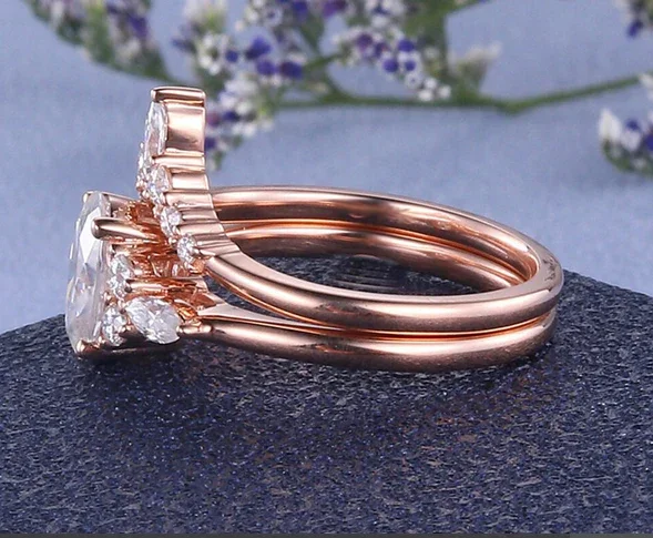 1 CT Oval Cut Rose Gold 925 Sterling Silver Moissanite Diamond Studded Bridal Promise Ring Set for Sale