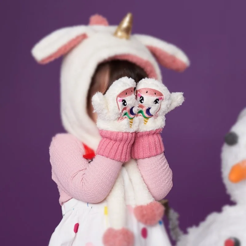 KOCOTREE Full Finger Kids Gloves Dinosaur Knitted Mittens Plush Thicken Christmas Gloves