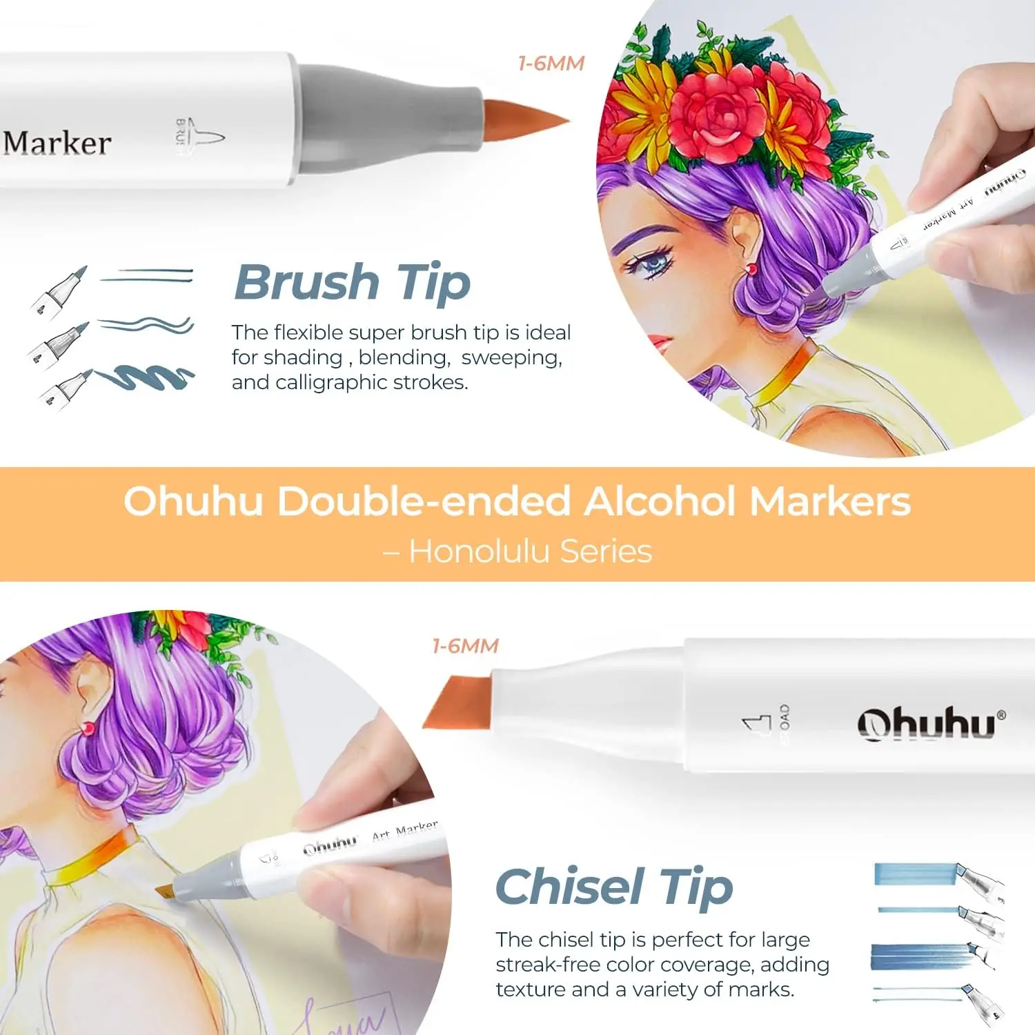 Ohuhu Alcohol Markers Brush Tip - 320-color Double Tipped Art Sketch Marker Set for Artists Adults Coloring Illustration