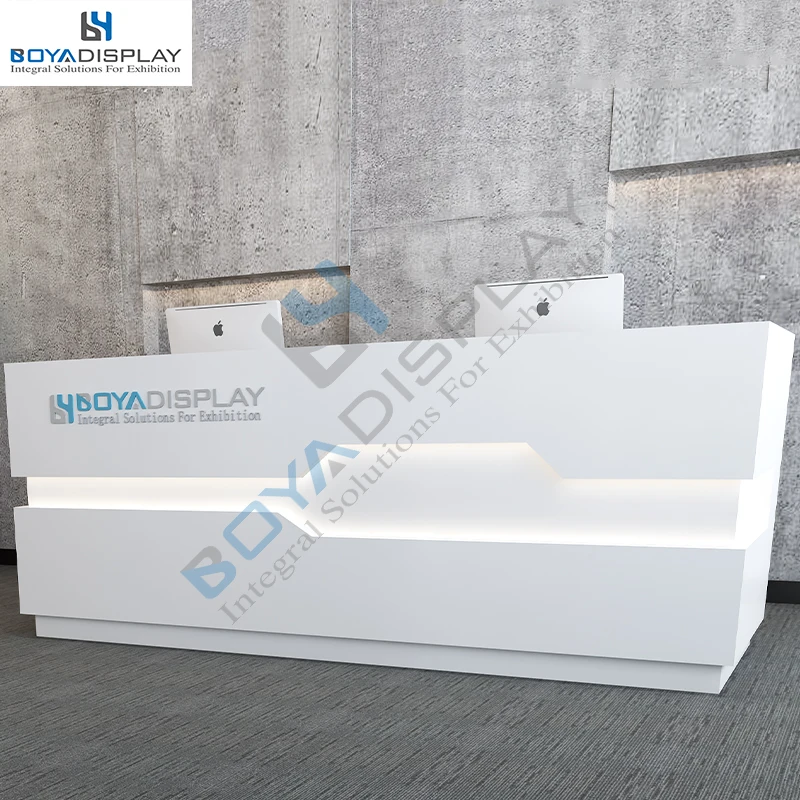 Custom White Glossy Acrylic Solid Surface Front Led Light Reception Desk Salon Front Desk