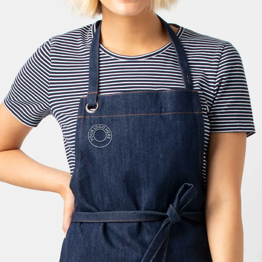 Heavyweight 100% Cotton Denim Adjustable Neck Strap Bartender Apron For Sale With Custom Logo In Low MOQ