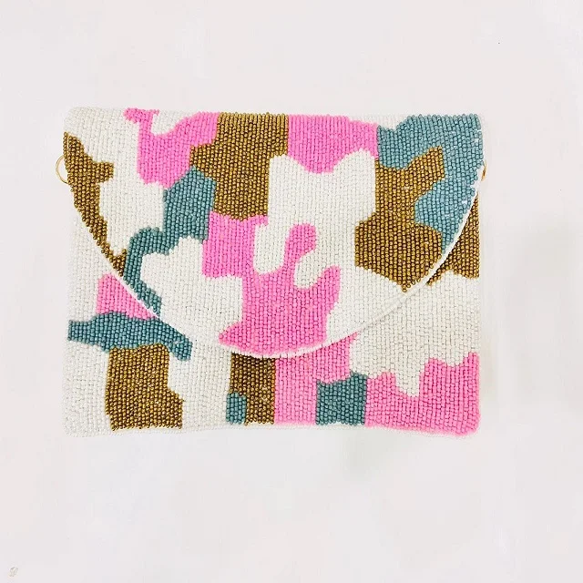 Antique Gretta Gray Camo Beaded Cross Body Chained Clutch Indian Handcrafted Camouflage Print Crystal Beaded Sling Clutch