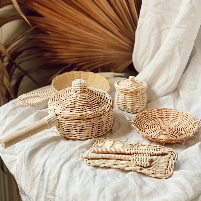 Handmade Safety Kids Rattan Baking Set Kitchen Toys Cooking Play Toys