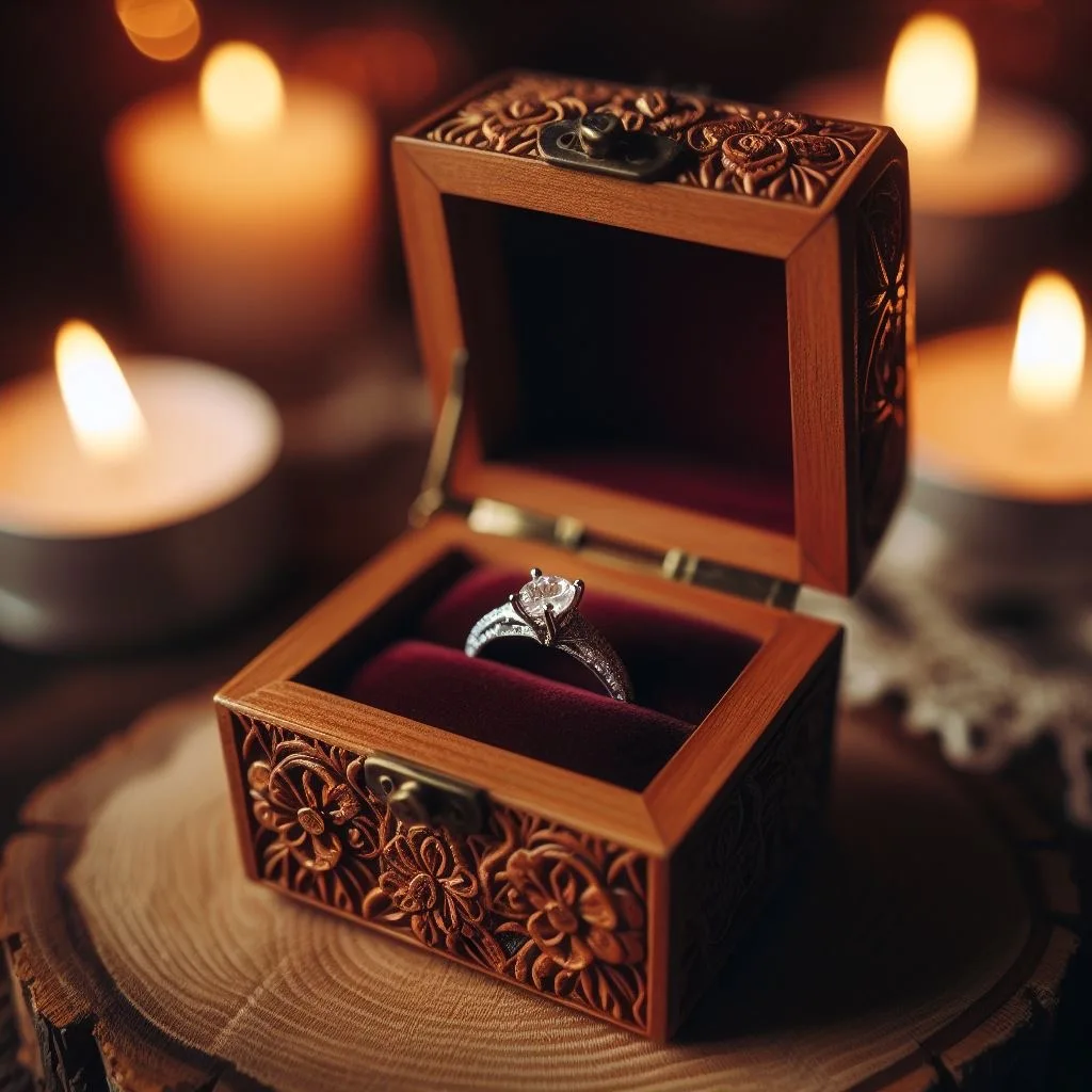 Celestial Harmony Handcrafted Wooden Wedding Ring Box with Personalized Engraving and Luxurious Velvet Lining