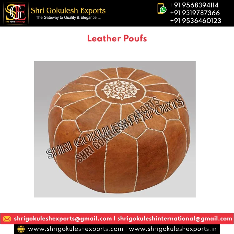 Top Listed Indian Manufacturer Widely Selling 100% Handmade Handwoven Round Leather Poufs for Office and Home Decorations