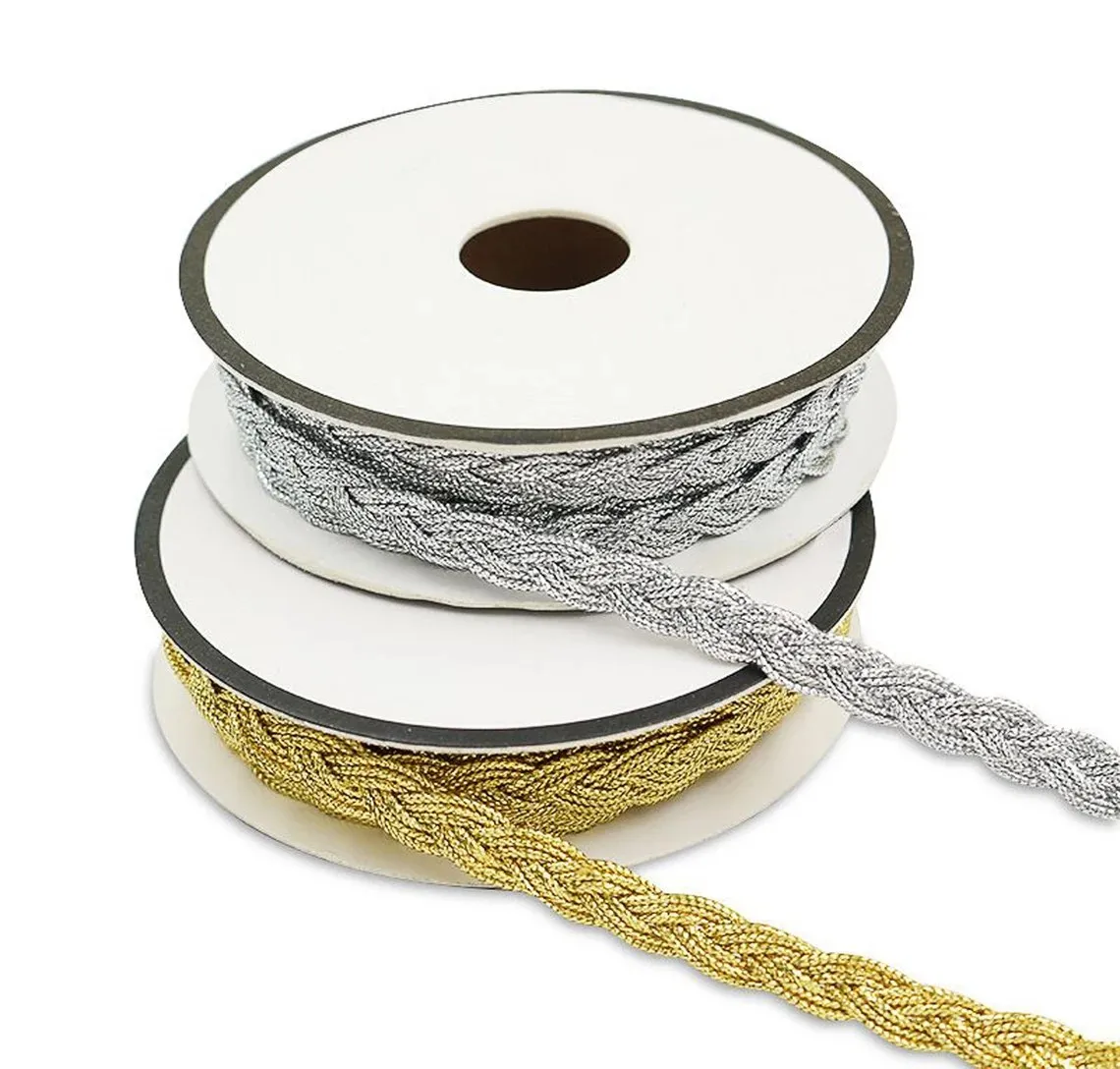 3yds Gold Silver Metallic Wrapped Polyester Ribbon Plaited Narrow Braid Sewing Trim 8mm Width Braided Tape Border
